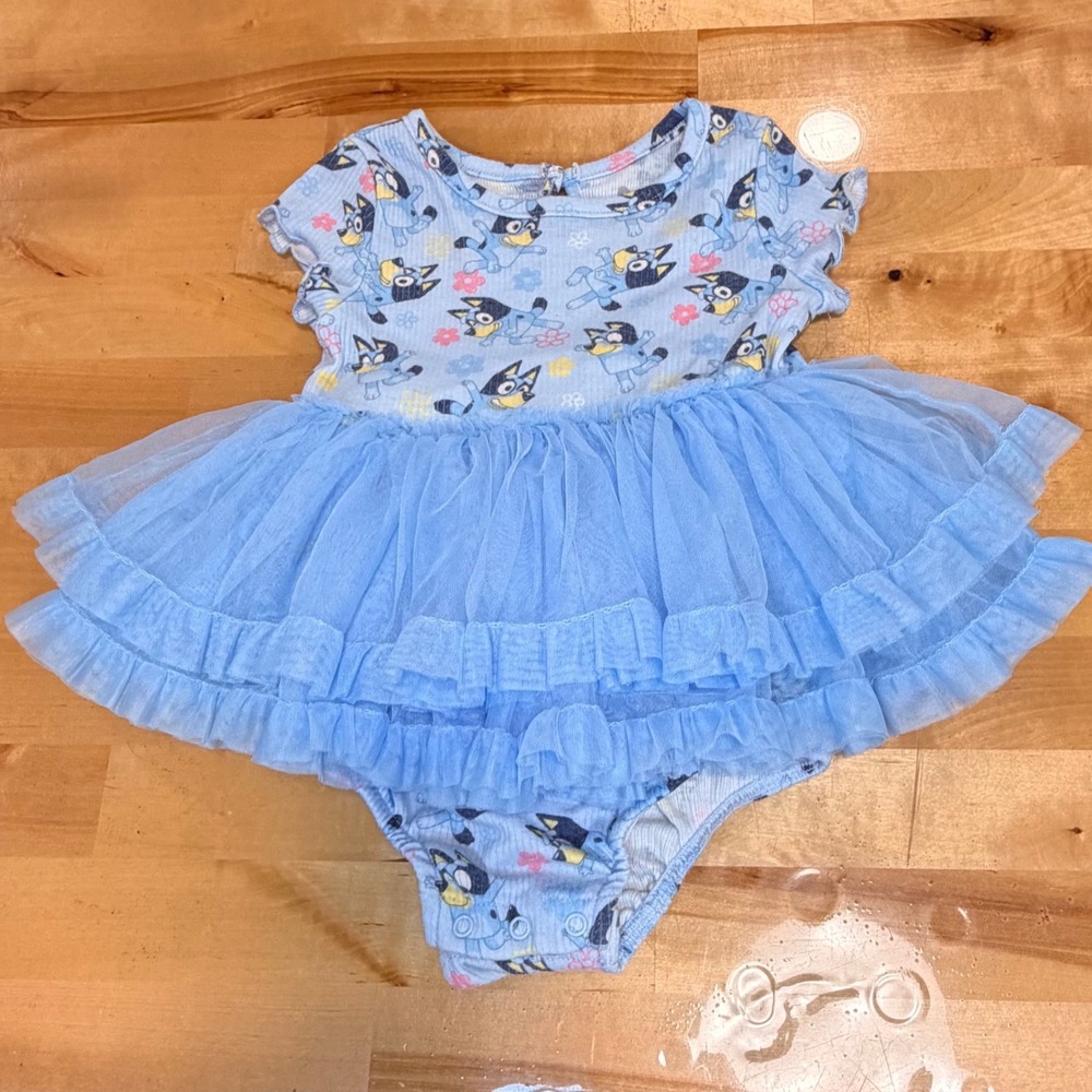 Bluey Tutu Bodysuit Baby Girls 12M Light Blue Tiered Tulle Ruffle Skirt